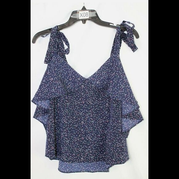 FRNCH COLD SHOULDER NAVY MULTI COLORED DESIGN RUFFLE CROP BLOUSE SIZE S - Picture 4 of 8